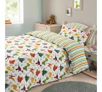 Dreamscene Dinosaur Duvet Cover with Pillowcase Bedding Set Boys Girls Dino Reversible Stripe, Green White - Junior/Cot Size