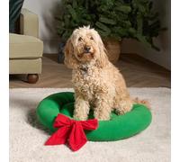 OHS Dog Bed Medium Washable with Christmas Bow Wreath Fluffy Warm Round Donut Dog Bed Soft Plush Calming Ped Bed Non-Slip Bottom Anti Anxiety Cuddler Puppy Beds, Green - 60 x 60cm