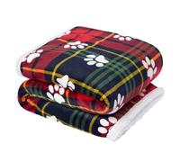 OHS Dog Christmas Blanket, Oxford Check Dog Blanket for Sofa Soft Warm Fleece Sherpa Reverse Throw for Winter Cats Pets Dog Blankets Washable Fleece - Red, 120 x 100cm