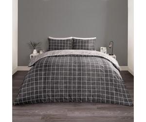 OHS Double Bed Duvet Covers with Pillowcases, Check Quilt Covers Bed Set Soft Reversible Gingham Lined Breathable Bedding, Grey & Black