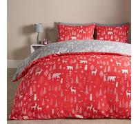 OHS Double Bedding Set Scandi Christmas, Super Soft Cosy Warm Festive Nordic Winter Design Luxurious Reversible Quilt Double Duvet Set & 2 Pillowcases, Red/Grey