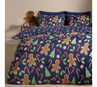 OHS Double Bedding Set, Super Soft Warm Christmas Quilt Duvet Cover Comfy Cosy Stylish Gingerbread Man Reversible Double Duvet Set with Matching Pillowcases, Navy