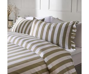 OHS Double Duvet Cover Set Stripe Print Frill Edge, Soft Cosy Fabric Timeless Striped Pattern with Frill Edges Stylish Double Duvet Set with 2 Pillowcases, Sage