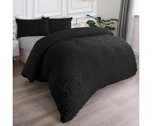OHS Double Duvet Covers, Super Soft Cosy Fabric Textured Seersucker Geometric Double Bedding Design Comfort Double Bed Set with 2 Pillowcases, Black