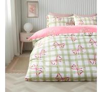 OHS Double Duvet Set Bow Bedding, Bow Gifts for Women Super Soft Cosy Warm Microfibre Reversible Gingham Quilt Cover Double with Matching Frill Edge Pillowcases, Green/Pink
