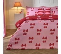 OHS Double Duvet Set Cherry Bow Print, for Women Super Soft Warm Cosy Bow Bedding Comfy Microfibre Reversible Duvet Cover Double with Pillowcases, Pink/Red