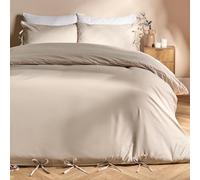 OHS Double Duvet Set, Gifts for Women Super Soft Cosy Warm Microfibre Double Bedding with Bow Tie Comfy Modern Quilt Cover Set with Matching Pillowcases, Natural