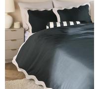 OHS Double Duvet Set, Gifts for Women Super Soft Cosy Warm Microfibre Polyester Double Bedding Stylish Scallop Edge Quilt Cover Set with Matching Pillowcases, Black/Stone