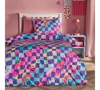 OHS Double Duvet Set Girls Bedding, Super Soft Cosy Warm Microfibre Polyester Neon Checkerboard Kids Quilt Cover Stylish Double Bedding with Pillowcases, Multi