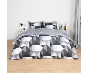 OHS Double Duvet Set Mason Retro Geometric Reversible, Soft Cosy & Comfy White & Grey Geometric Pattern Double Quilt Cover & 2 Pillowcases - Monochrome