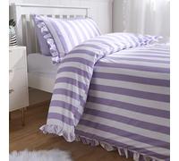 OHS Double Duvet Set Stripe Lilac Bedding, Gifts for Women Super Soft Cosy Warm Ruffle Frill Edge Bedding Double Bed Set Stylish Reversible Quilt Cover with Matching Pillowcases