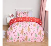 OHS Double Duvet Set, Super Soft Warm Christmas Quilt Duvet Cover Double Comfy Cosy Stylish Gingerbread Man Reversible Bedding with Matching Pillowcases, Pink/Red