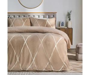 OHS Double Duvet Set, Super Soft Warm Winter Bedding Stylish Diamond Check Teddy Fleece Duvet Set Cosy Fluffy Thermal Teddy Bear Bedding with Pillowcases, Natural