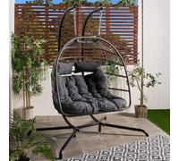 OHS Double Egg Chair Charcoal Gey, Rattan Swing Chair Wicker Hammock with Stand Hanging Egg Chair Indoor Outdoor Patio Furniture Foldable Garden Swing Comfy Soft Cushion with 2 Headrest Included