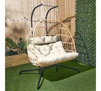 OHS Double Egg Chair Natural, Rattan Swing Chair Wicker Hammock with Stand Hanging Egg Chair Indoor Outdoor Patio Furniture Relaxing Comfy Foldable Garden Swing Soft Cushion with 2 Headrest Included