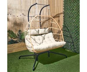 OHS Double Egg Chair Natural, Rattan Swing Chair Wicker Hammock with Stand Hanging Egg Chair Indoor Outdoor Patio Furniture Relaxing Comfy Foldable Garden Swing Soft Cushion with 2 Headrest Included