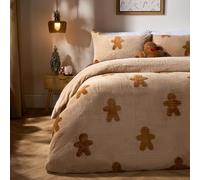 OHS Double Teddy Fleece Duvet Set, Christmas Winter Double Duvet Set Super Soft Warm Cosy Tufted Gingerbread Man Teddy Bear Bedding with Pillowcases, Natural