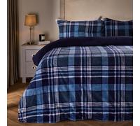 OHS Double Teddy Fleece Duvet Set, Christmas Winter Fluffy Cosy Tartan Check Sherpa Reversible Teddy Bear Bedding Super Soft Warm Thermal Double Duvet Set with Pillowcase, Navy
