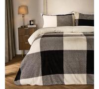 OHS Double Teddy Fleece Duvet Set, Sherpa Reversible Gingham Check Winter Christmas Bedding Super Soft Warm Thermal Double Duvet Set Teddy Bear Bedding with Pillowcases, Monochrome