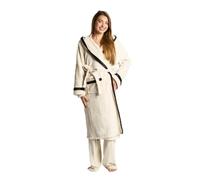 OHS Dressing Gown Womens Piped, Super Soft Warm Flannel Fleece Hooded Bathrobe Full Length Comfortable Cosy Dressing Gown for Sleepwear Loungewear, Cream/Black
