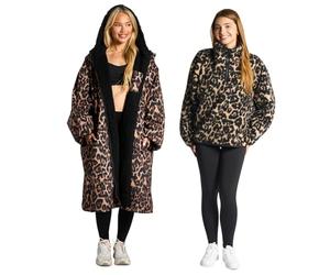 OHS Dry Robes Adult Womens Changing Robe, Mothers Day Gifts Waterproof Jacket with Hood & Pockets Rain Coat with Long Sleeve Teddy Fleece Pullover Half Zip Women for Outdoor, Leopard Print - S/M