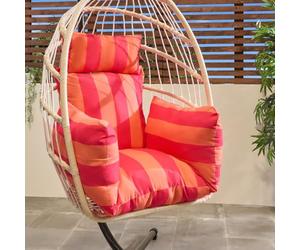 OHS Egg Chair Cushion Stripe, Rattan Hanging Swing Chair Cushion with Headrest Soft Thick Padded Egg Chairs for Garden Cushions Indoor Outdoor Use, Orange/Pink