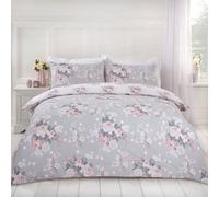 Dreamscene English Rose Duvet Cover with Pillow Case Reversible Floral Bedding Set, Grey Blush White - King