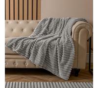 OHS Faux Fur Ribbed Fleece Throw Over Bed Blanket Supersoft, Grey - 125 X 150Cm