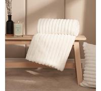 OHS Faux Fur Ribbed Fleece Throw Over Bed Blanket Winter Warm Supersoft in White | Size: 120 cm x 150 cm OHS White 120 cm x 150 cm