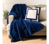 Ohs Faux Fur Ribbed Fleece Throw Over Bed Blanket Winter Warm Supersoft, Navy - 125 X 150Cm