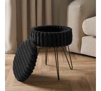 OHS Faux Fur Stool Hairpin Ribbed Fleece Round Vanity Seat Cushioned, Black