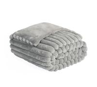 OHS Faux Fur Throw Grey Blanket, Winter Warm Thick Ribbed Fleece Blanket for Bed Sofa Settee Throw Blanket Decorative Comfy Single Bed Throw, 125 x 150cm