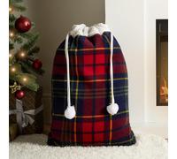 OHS Flannel Fleece Christmas Sack, Oxford Check Tartan Check Drawstring Storage Bag Sherpa Reverse Large Festive Christmas Sacks for Presents Children Adults Santa Bag Xmas Sack, Navy/Red - 56 x 90cm