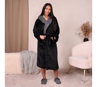 OHS Flannel Fleece Hooded Dressing Gown Sherpa Bathrobe in Black | Size: Medium/Large OHS Black M/L