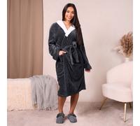 OHS Flannel Fleece Hooded Dressing Gown Sherpa Bathrobe in Dark Grey OHS Dark Grey One Size