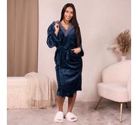 OHS Flannel Fleece Hooded Dressing Gown Sherpa Bathrobe in Navy | Size: Medium/Large OHS Navy M/L