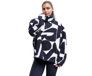 OHS Fleece Jacket Women Half Zip, Geometric Teddy Fleece Jacket Soft Cosy Warm Winter Clothing Women's Jackets Half Zip Sweatshirt Women Long Sleeve Ladies Jackets Top for Outdoor, Monochrome - S/M