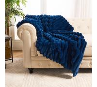 OHS Fleece Throw Blanket for Sofa, Soft Warm Jumbo Faux Fur Fleece Blanket for Bed Stylish Ribbed Single Throw Fluffy Cosy Large Throw Over Sofas, Navy - 120 x 150cm