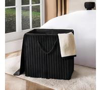 OHS Freestanding Laundry Basket with Lid Ribbed Faux Fur Collapsible Laundry Bag with Rope Handles Folding Washing Baskets for Laundries Clothes Hamper Storage, Black - 45 x 49 x 31cm