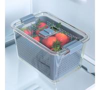 OHS Fridge Storage Container with Lid, BPA Free Plastic Leakproof Food Storage Container with Removable Basket Airtight Stackable Kitchen Meal Prep Food Storage, Grey/Clear - Medium