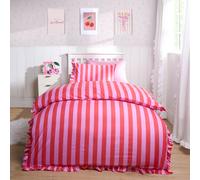 OHS Frill Duvet Cover Bedding Set Pillowcase Stripe Quilt Luxury in Pink | Size: Double OHS Pink Double