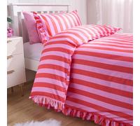 OHS Frill Duvet Cover Bedding Set Pillowcase Stripe Quilt Luxury, Pink - Single