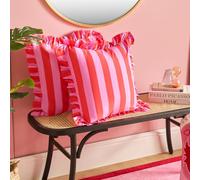 OHS Frill Edge Cushion Covers Striped Decorative Throw Pillow Covers Pack of 2 Square Cushion Cover with Invisible Zipper 45 x 45cm for Home Decor Sofa Living Room Bedroom, Pink/Red