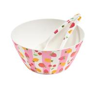 OHS Fruit Print Picnic Salad Bowl, Reusable Plastic Serving Bowl with Matching Spoon and Fork Utensil Set Large Plastic Bowls 3 Piece for Salad Pasta Snacks - Parties Picnic BBQ Birthdays, Pink