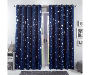 Ohs Galaxy Star Thermal Blackout Curtains Pair Of Eyelet Ring Top Kids Metallic Moon - Navy Blue, 66" X 72"