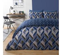 OHS Geo Duvet Cover Bedding Set Pillowcase Reversible Chevron, Navy - Superking