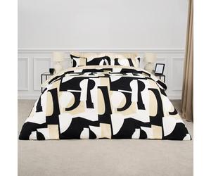 OHS Geo Shapes Bedding Double Bed Set Black & Natural Beige, Christmas Bedding Covers with Pillowcases, Breathable Quilt Covers Soft Comfy Double Covers Duvet Set