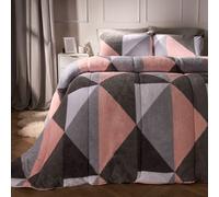 OHS Geometric Teddy Fleece Coverless Duvet Quilt Geo Bedding Set 10.5 TOG Pillowcase in Pink | Size: Double OHS Pink Double