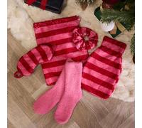 OHS Gifts for Women Winter Warmer Set Pink Candy Stripe, Soft Cosy Mothers Day Gifts Includes 750ml Hot Water Bottle, Eye Mask, Fluffy Socks, Fluffy Scrunchie, Draw String Bag