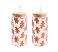OHS Gingerbread Glass Cups with Lids and Straws Plastic Cups 2 Pack, Multi
